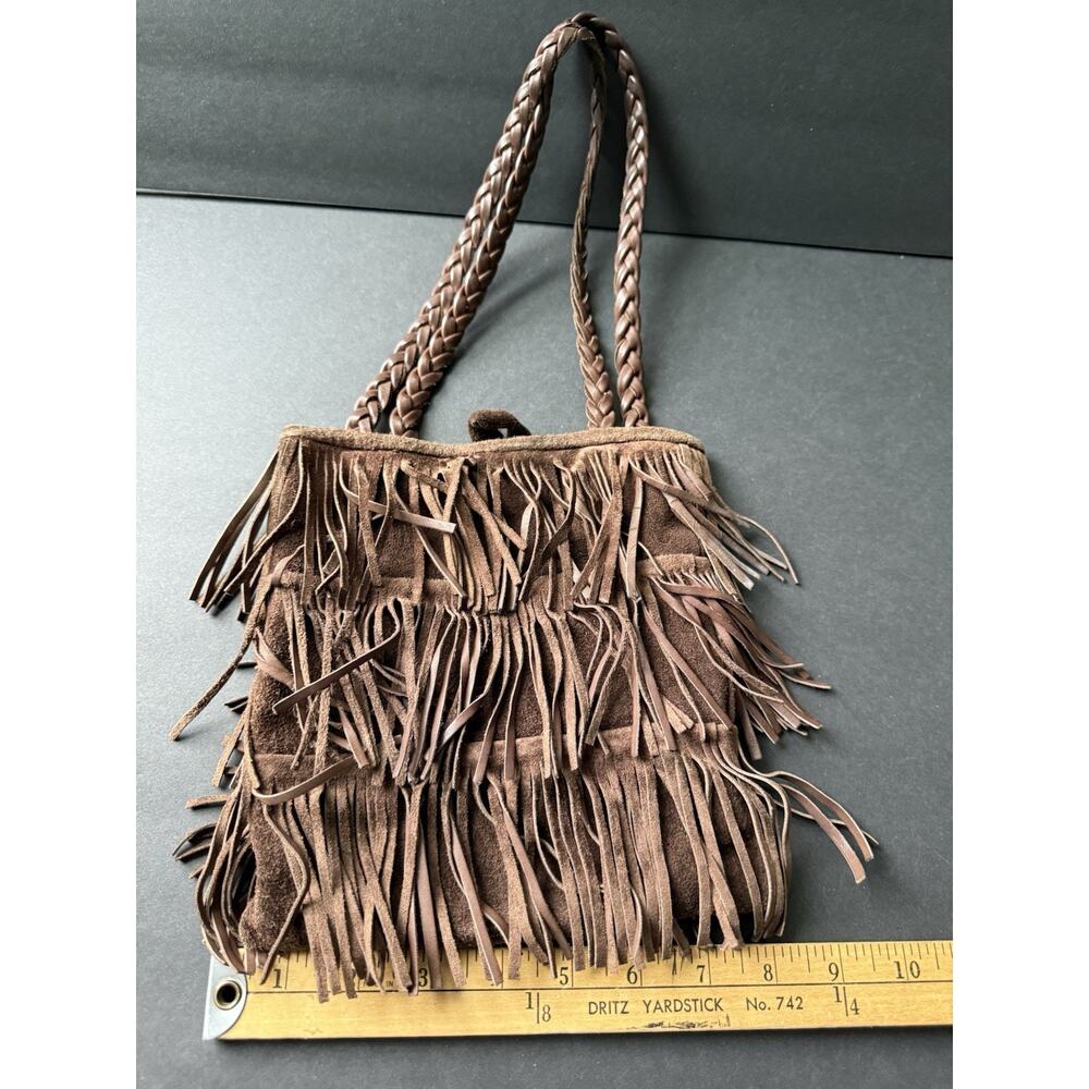 Handcrafted Cowhide Natural Leather Suede Fringe Boho Hippie Brown Shoulder Bag - Picture 2 of 6